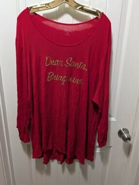Dear Santa Bring Wine Red Gold Sequin Longsleeve Top Shirt Plus Size 3X Holiday